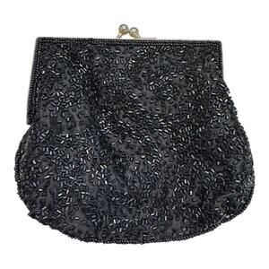 Vintage La Regale Black Beaded Evening Bag Clutch Satin Lined Kiss Lock 5x6